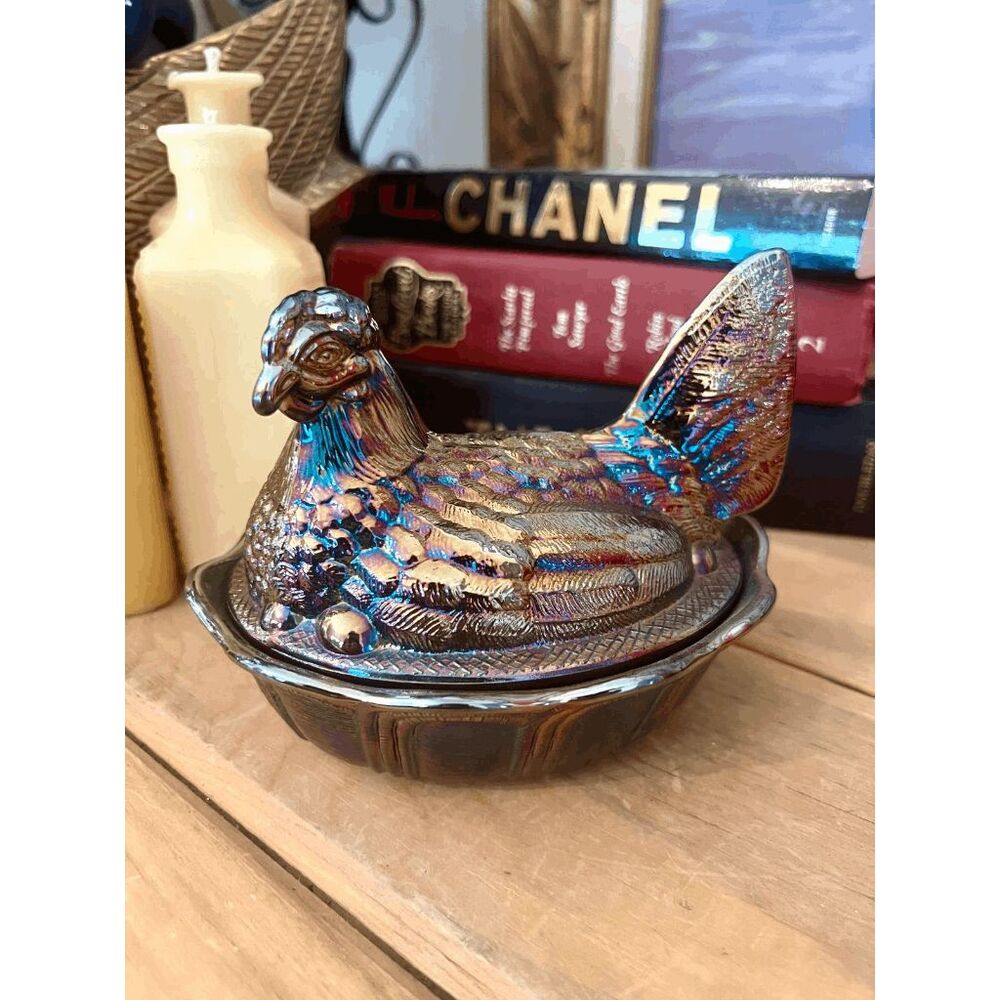 Vintage Fenton Hen on Nest Amethyst Carnival Glass Covered Dish